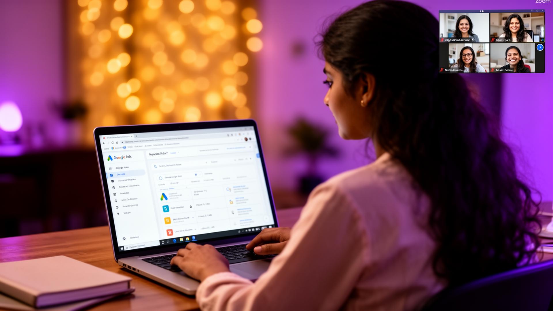 A learner attending a live online digital marketing class with Google Ads on screen